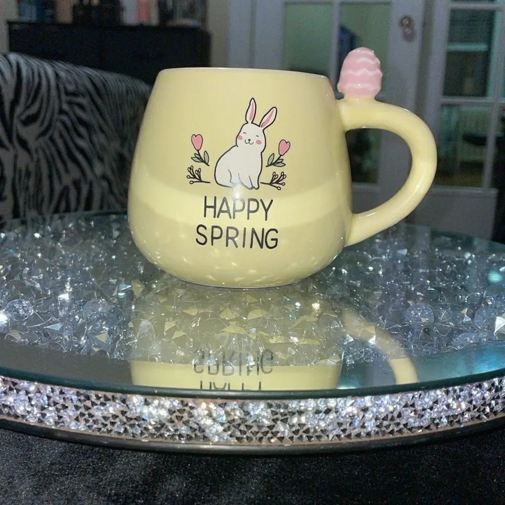 Eccolo happy spring Easter bunny rabbit pastel yellow mug with Easter egg